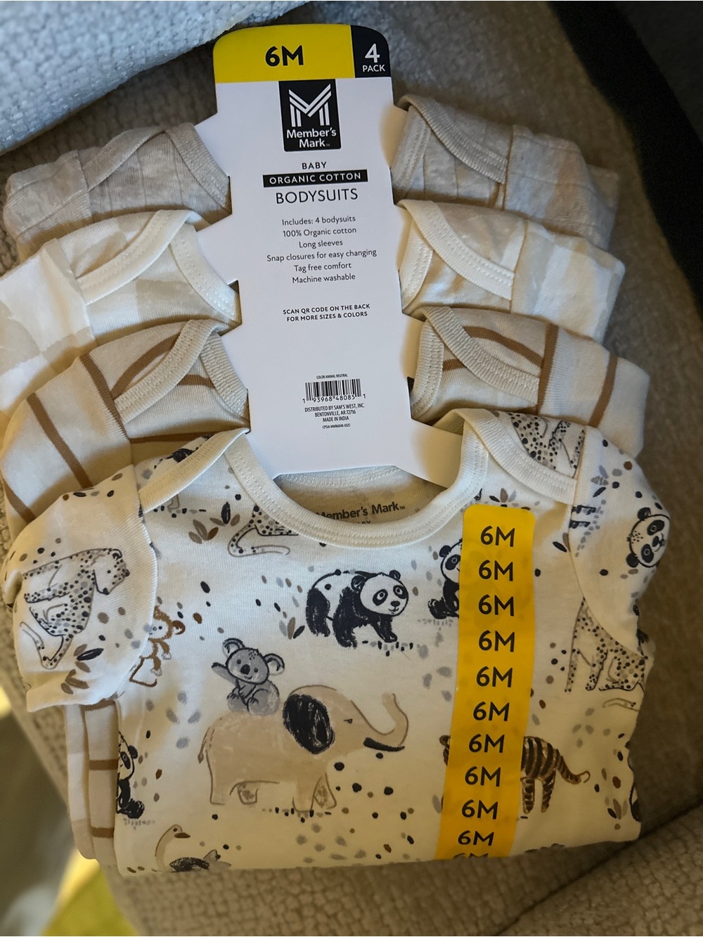 Member's Mark Baby Organic Cotton Neutral Animal 4-Pack Bodysuits - 6M